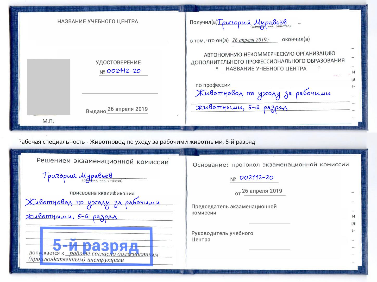 корочка 5-й разряд Животновод по уходу за рабочими животными Славянск-на-Кубани